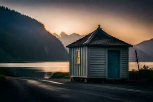 a small hut sits on the side of a road near a lake. AI-Generated photo