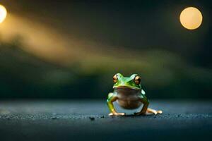 a frog is standing on the road in front of a bright light. AI-Generated photo
