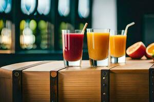 three glasses of juice sit on a wooden table. AI-Generated photo