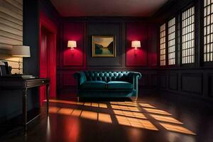 un habitación con oscuro madera paredes y un azul sofá. generado por ai foto
