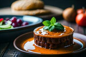 a dessert with sauce and vegetables on a plate. AI-Generated photo
