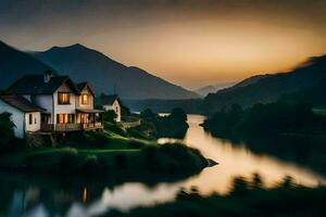 a house sits on the side of a river at sunset. AI-Generated photo