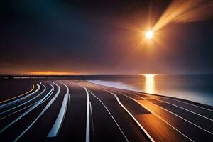 a long exposure photograph of a road and the sun. AI-Generated photo