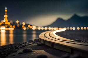 a train track with lights on it and a city in the background. AI-Generated photo