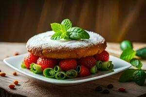 un pastel con fresas y menta hojas en cima. generado por ai foto