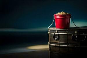 a red bucket with popcorn on top of a wooden barrel. AI-Generated photo
