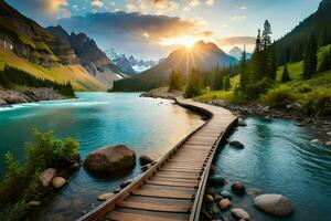 the boardwalk leads to a mountain lake and the sun is shining. AI-Generated photo