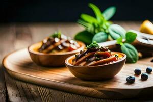 two bowls with food on a wooden cutting board. AI-Generated photo