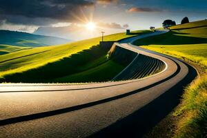 el la carretera a el puesta de sol. generado por ai foto