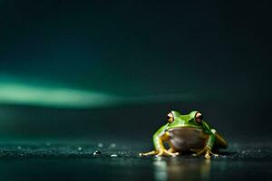 a frog sitting on the ground in front of a dark background. AI-Generated photo