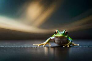 un rana sentado en un oscuro superficie. generado por ai foto