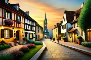 an artistic painting of a street in europe. AI-Generated photo