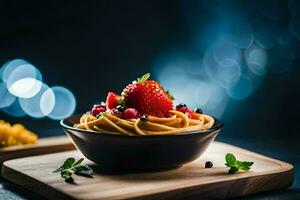 a bowl of pasta with berries and mint on a wooden board. AI-Generated photo