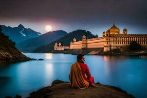 a man sitting on the edge of a lake in front of a castle. AI-Generated photo