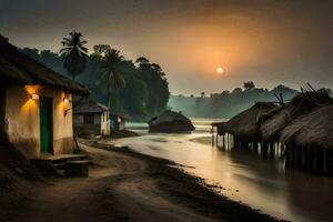 the sun sets over a river and some huts. AI-Generated photo