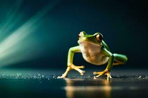 a frog is standing on its hind legs. AI-Generated photo