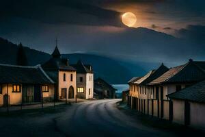 photo wallpaper the sky, the moon, the village, the road, the village, the road. AI-Generated