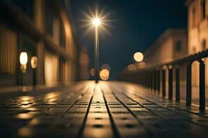 a street light is shining on a wooden walkway. AI-Generated photo