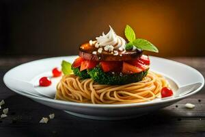 a plate of spaghetti with vegetables and a sauce. AI-Generated photo