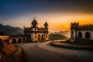 el puesta de sol terminado el montañas en India. generado por ai foto