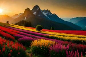 the sun sets over a field of colorful flowers. AI-Generated photo