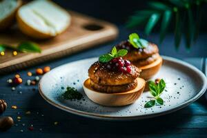 two small stuffed mushrooms on a plate. AI-Generated photo