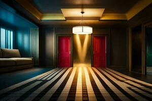 a hallway with a black and white striped floor and red doors. AI-Generated photo