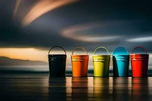 five colorful buckets on a beach with a stormy sky. AI-Generated photo