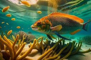 a fish swimming in the ocean with coral and other plants. AI-Generated photo