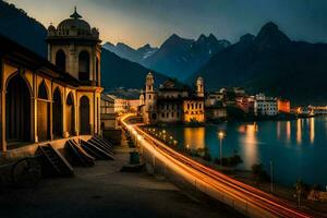 foto fondo de pantalla el cielo, montañas, lago, el ciudad, el ciudad luces, el ciudad luces. generado por ai