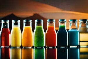 a row of bottles of different colored juices. AI-Generated photo