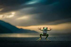 a frog standing on the beach with its arms outstretched. AI-Generated photo