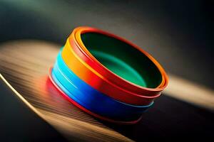 a colorful ring sits on top of a wooden surface. AI-Generated photo