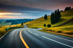 a winding road in the countryside with a sunset in the background. AI-Generated photo