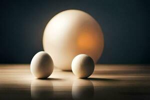 three eggs on a table with a light bulb. AI-Generated photo