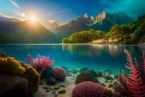 photo wallpaper the sky, water, mountains, coral, sun, the sea, the mountains,. AI-Generated