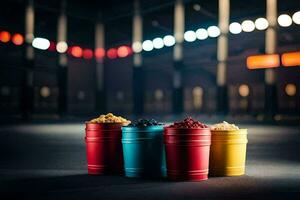 four colorful buckets with different foods in them. AI-Generated photo