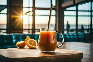 a pitcher of orange juice with a straw on a table. AI-Generated photo