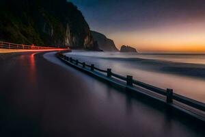 un largo exposición fotografía de un la carretera y Oceano a puesta de sol. generado por ai foto