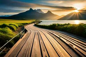 un de madera paseo marítimo Guías a el montañas a puesta de sol. generado por ai foto