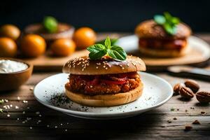 a hamburger with meat, onions and tomatoes on a plate. AI-Generated photo