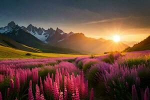 el Dom sube terminado el montañas y el flores floración en el primer plano. generado por ai foto