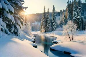 un río en el nieve con arboles y nieve. generado por ai foto