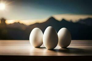 three eggs on a table with mountains in the background. AI-Generated photo