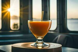 orange juice in a glass on a table in front of the sun. AI-Generated photo