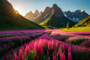the sun shines on a field of purple flowers in the mountains. AI-Generated photo
