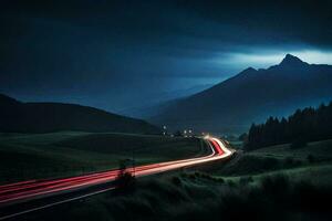 un largo exposición fotografía de un la carretera en el montañas. generado por ai foto