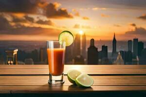 a glass of juice with lime slices and a sunset in the background. AI-Generated photo