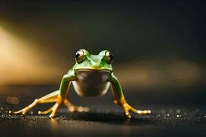 a frog is standing on a dark surface. AI-Generated photo