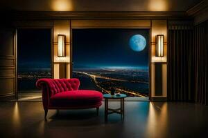 a pink chair sits in front of a large window with a view of the city. AI-Generated photo